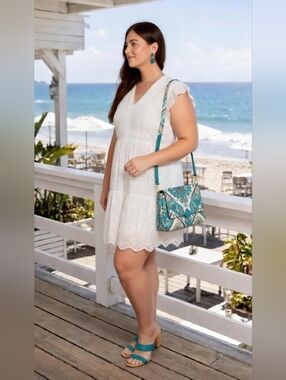 NWT Skies Are Blue Eyelet Tiered Flutter-Sleeve White Ruffled Sleeveless Dress